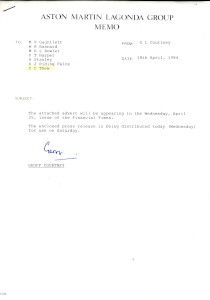 Memo from Geoff Courtney on advert promoting award of "the Queen's Award for Export Achievement"