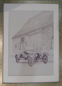 Framed print of Aston Martin 'A3', the oldest Aston Martin still in existance, outside the Barn, Drayton St Leonard 2010.