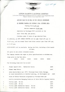 Printed list of Items auctioned by Aston Martin, 17th October 1981
