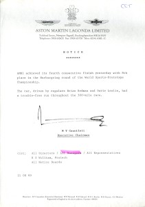 Memo from Victor Gauntlett on 1989 Nurburgring finish