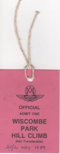 Official's Admission Ticket for Wiscombe Park Hill Park on 20th & 21st May 1989