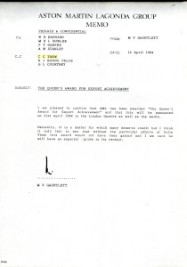 Memo from Victor Gaunlett on being awarded "the Queen's Award for Export Achievement"