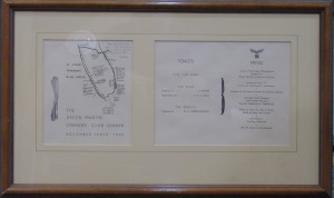 Framed Aston Martin Owner's Club dinner menu from 10th December, 1937.