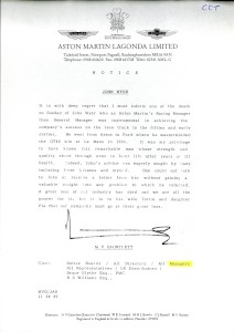 Memo from Victor Gauntlett on the death of John Wyer
