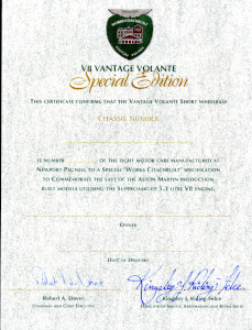 Production certificate and images for Vantage Volante 71005